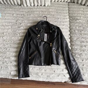 Haute Monde Black Leather Jacket with Gold Details